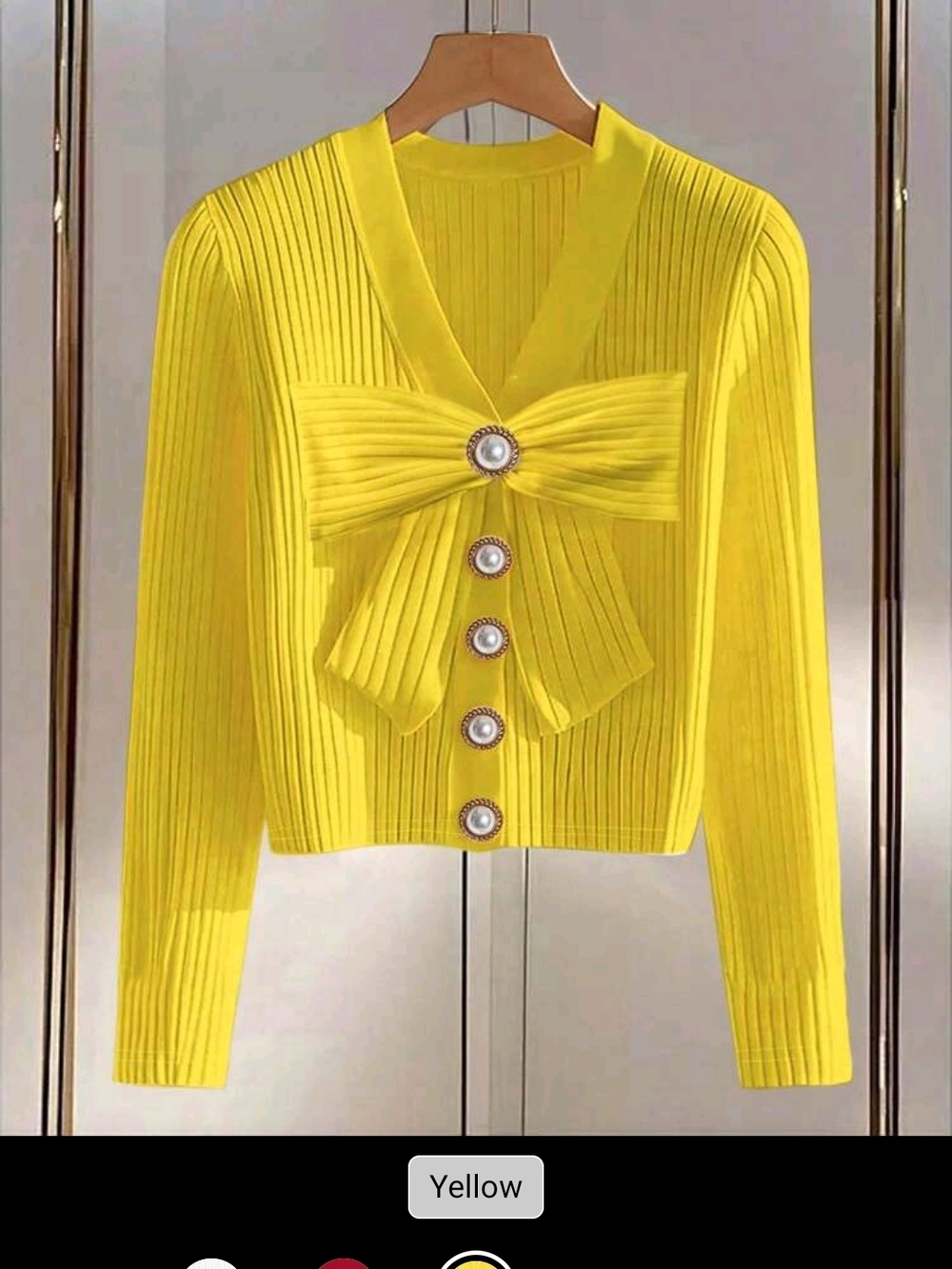 NEW Elegant Yellow Ribbed Cardigan Pearl Buttons & Bow - Boutique Piece